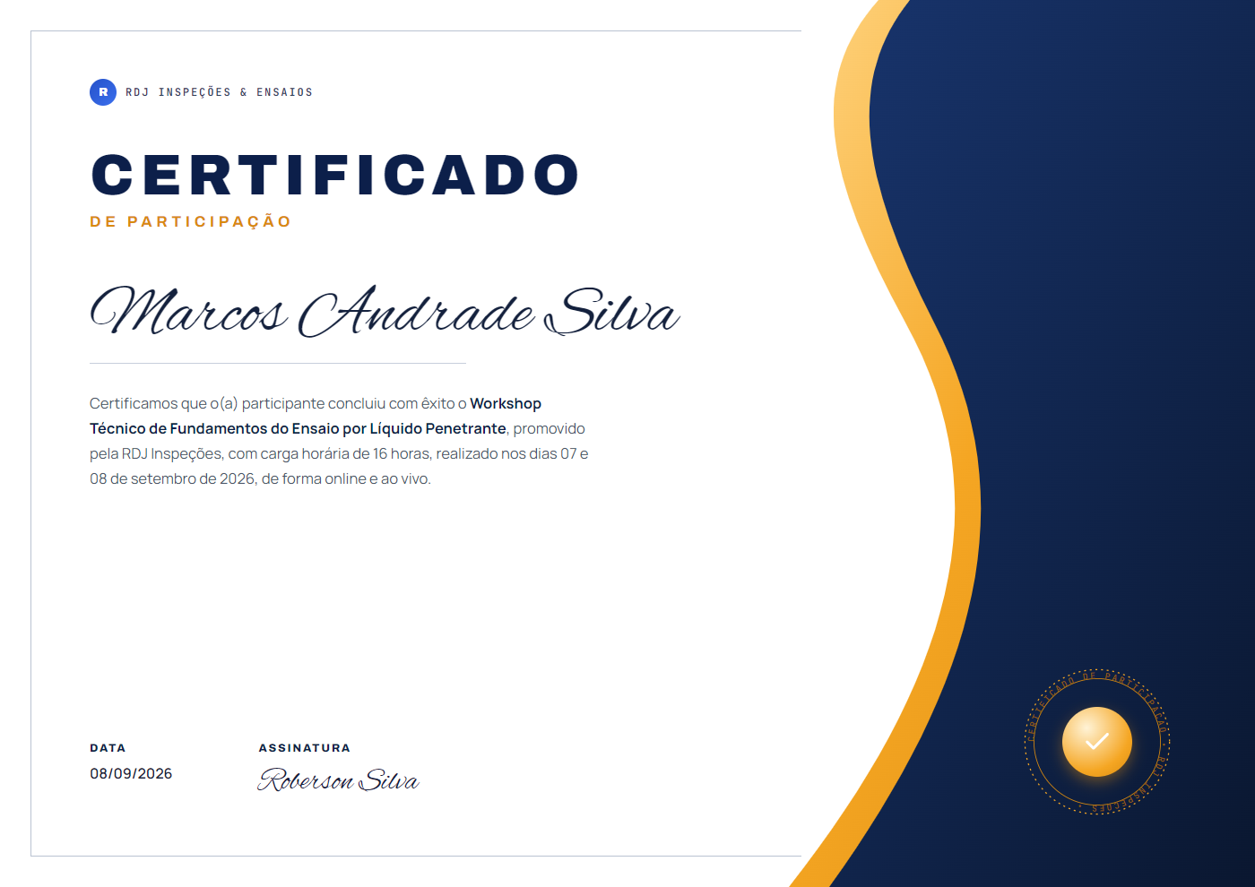 Exemplo do certificado de participação emitido pela RDJ Inspeções